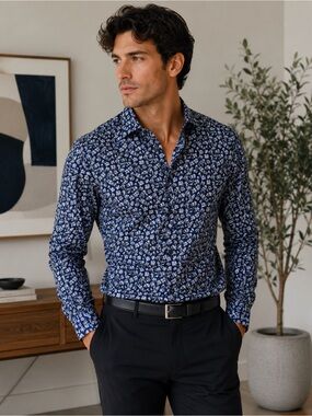 Michael Kors Men’s Floral Shirt Medium Slim Fit Navy Blue Stretch Cotton‎ Button